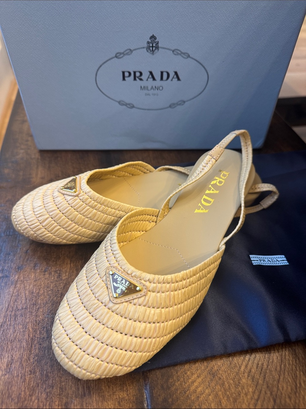 Cream Quilted Slingback Flats with Gold Triangle Logo